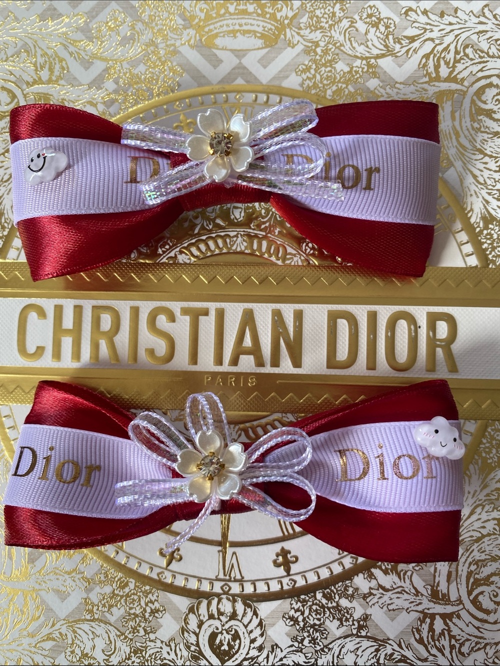 Dior Kids Red and White Ribbon Hair Bows with Gold Logo & Flower Accent (Pair)